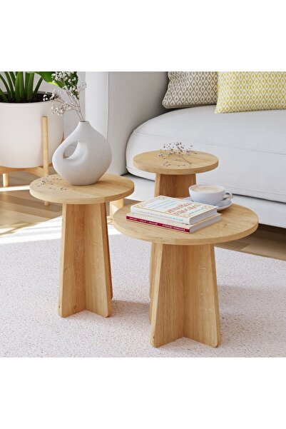 Store Mantar 3 Lü Zigon Sehpa Ahşap Desenli - Safir Meşe