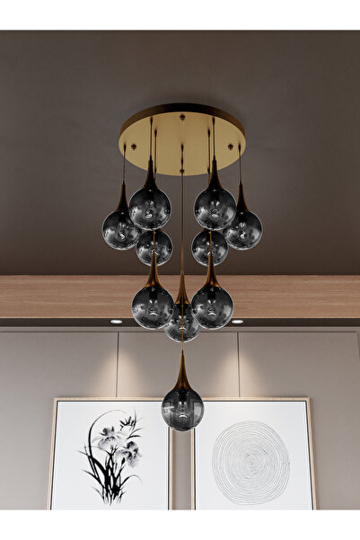 avizade GALAXY Modern 10'lu Sarkıt Eskitme Metal Avize - Füme Renk Cam, E27 D...