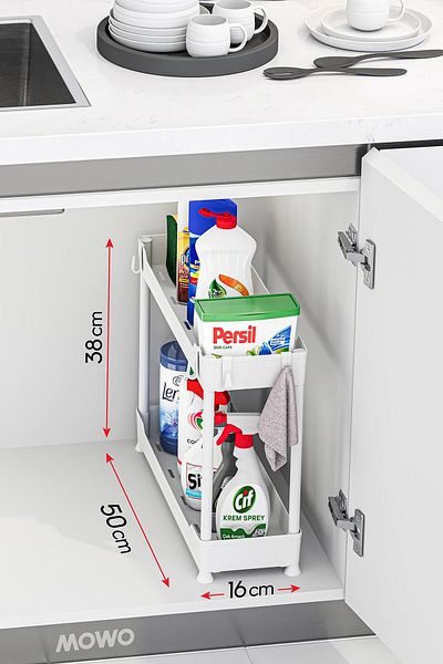 Mowo Home Λεπτό λευκό 2 επιπέδων Organizer Μπάνιου Mutak Rack, Ντουλάπα κάτω από τον πάγκο κάτω από το νεροχύτη Θήκη απορρυπαντικού