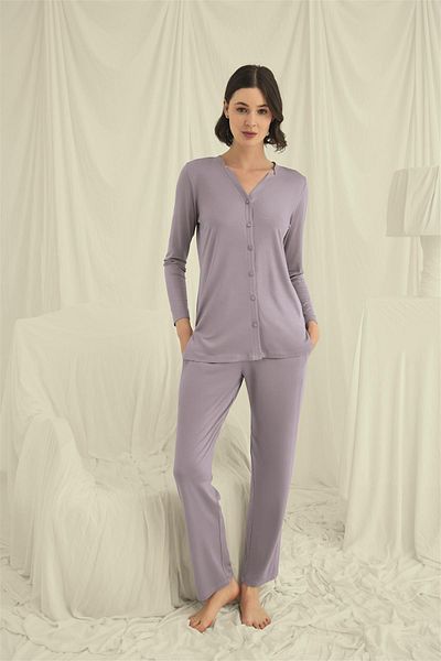 MONAMİSE Monamise Women's Long Sleeve Button-Down V-Neck Pajamas Set 18674