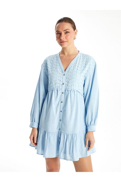 LC Waikiki Lcw V-Neck Embroidery Long Sleeve Women's Shirt Dress Fast Fashion