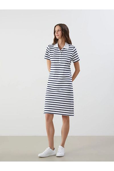 LC Waikiki Lcwaikiki Classic Navy Blue Polo Neck Striped Pique Dress