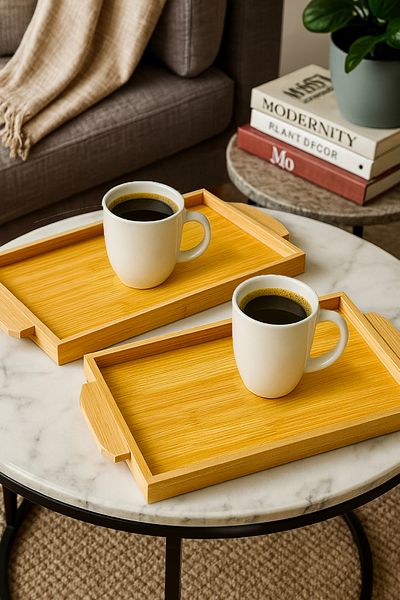 Vienev Set of 2 Natural Bamboo Presentation Tray – Rectangular Serving Tray with Handles