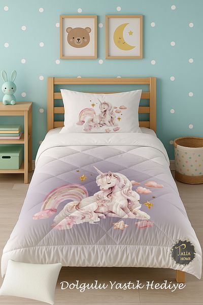 Talia Home Purple Unicorn Patterned Single Children's Quilt Sleeping Set Tlag-321