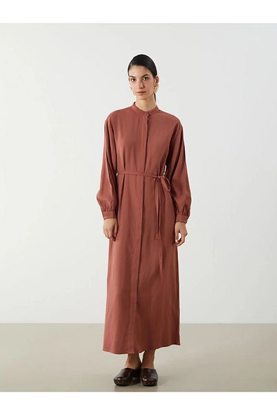 LC Waikiki Lcw Modest Pink Judge Collar Belted Linen Blend Shirt Dress