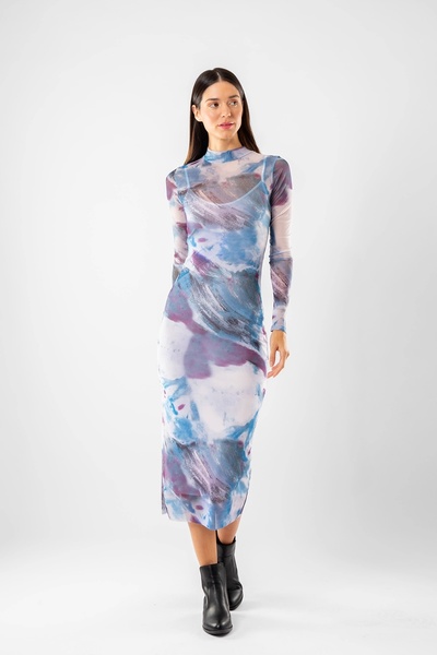Bak Moda Batik Desenli Uzun Tül Mavi Elbise