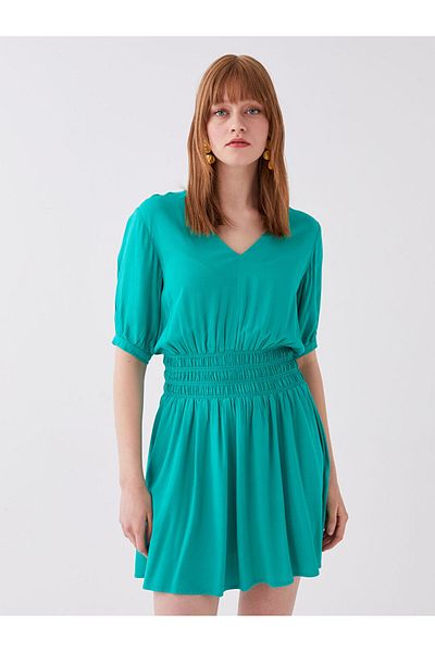 LC Waikiki Lcw V-Neck Straight Short Sleeve Women's Dress Fast Fashion