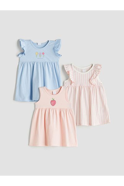 LC Waikiki Crew Neck Sleeveless Printed Baby Girl Dress 3-Piece