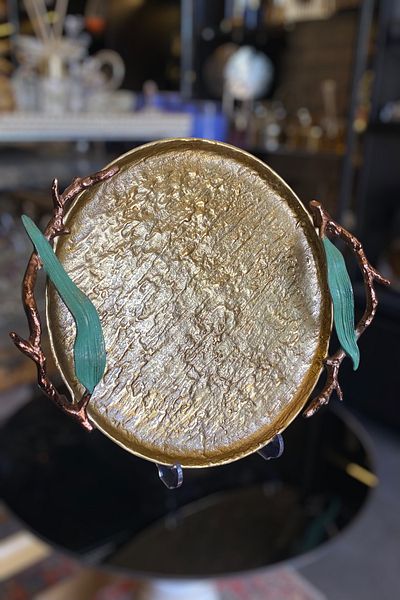 LEMİ DEKORASYON Bronze Decorative Tray with Casting Leaf Detail 40 cm