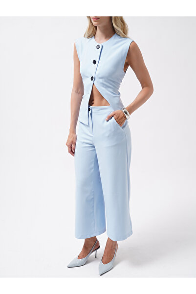 Black Fashion Wide Leg Midi Length Blue Trousers
