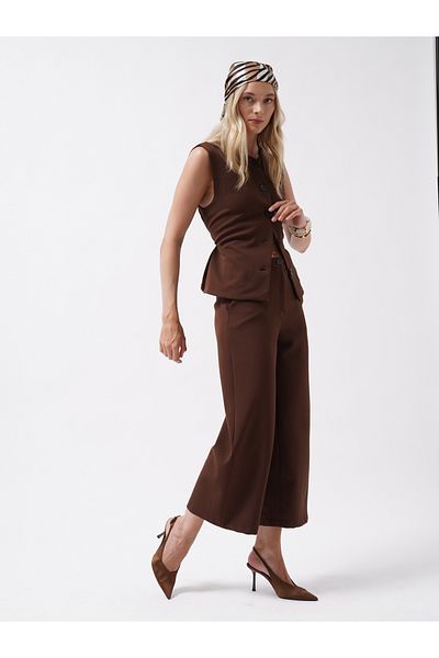 Black Fashion Wide Leg Midi Length Brown Trousers