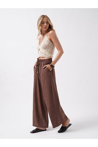 Black Fashion Accessory Detail Linen Dark Brown Trousers