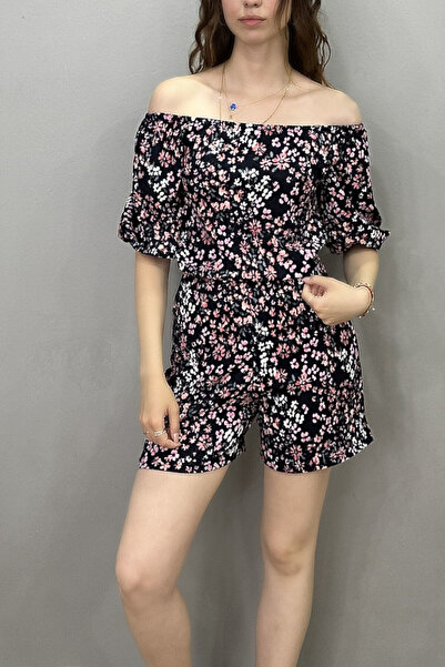 Tam Moda Women's Black Floral Patterned Madonna Collar Short Sleeve Jumpsuit with Shorts