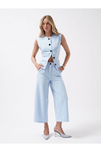 Black Fashion Wide Leg Midi Length Blue Trousers