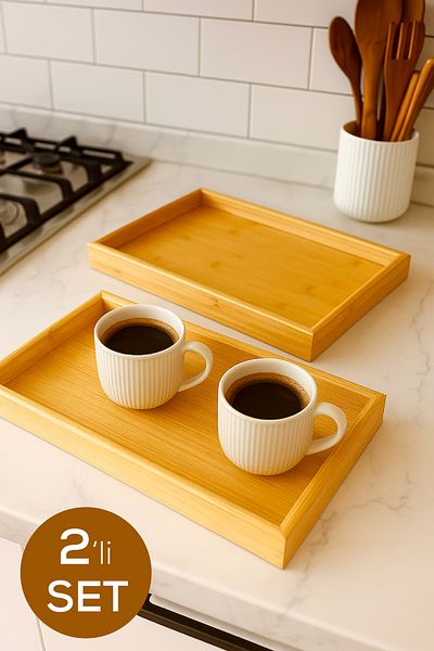 Vienev Natural Bamboo Tray Set of 2 |   Rectangular Serving Tray