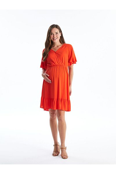 LC Waikiki Lcw Double Breasted Collar Plain Short Sleeve Maternity Dress