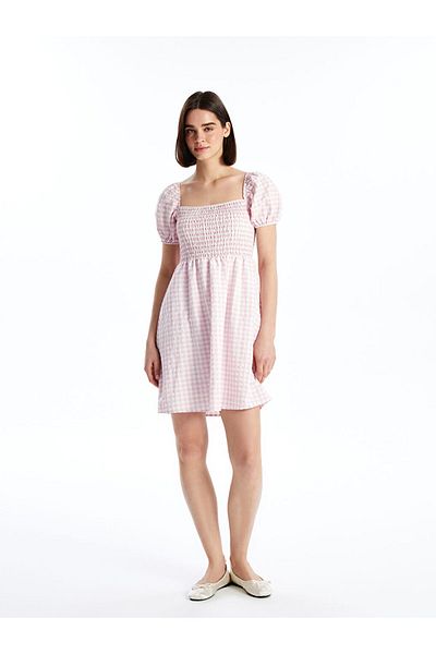 LC Waikiki Lcw Square Collar Plaid Short Sleeve Women's Dress Fast Fashion