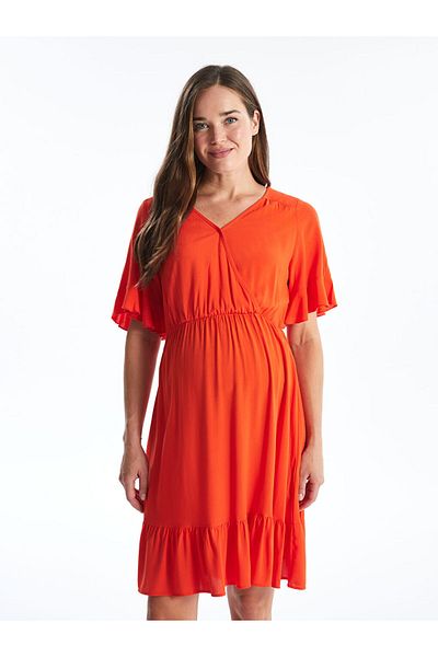 LC Waikiki Lcw Double Breasted Collar Plain Short Sleeve Maternity Dress