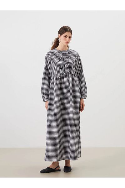 LC Waikiki Lcw Modest Black Tie Collar Plaid Dress