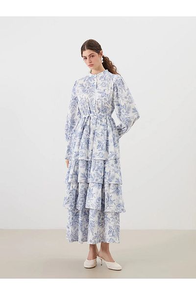 LC Waikiki Lcw Modest Blue Judge Collar Floral Fold Dress