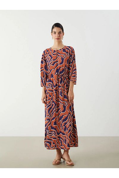 LC Waikiki Lcw Modest Orange Crew Neck Patterned Waist Seated Dress