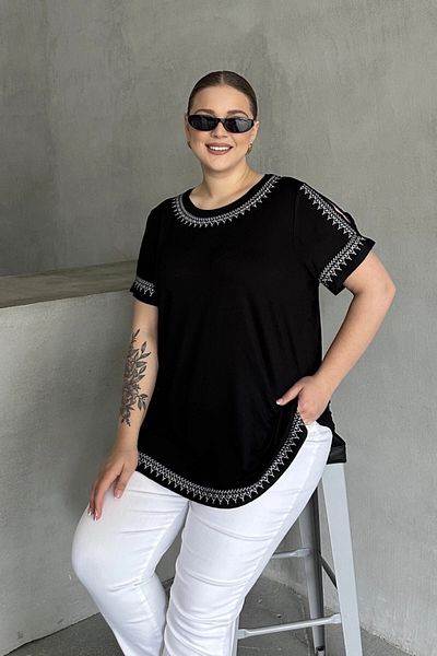 Stil Diva Large Size Shoulder Detailed Ethnic Patterned Embroidered T-Shirt 303518