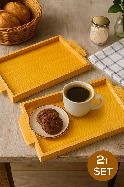 Vienev Set of 2 Natural Bamboo Presentation Tray – Rectangular Serving Tray with Handles