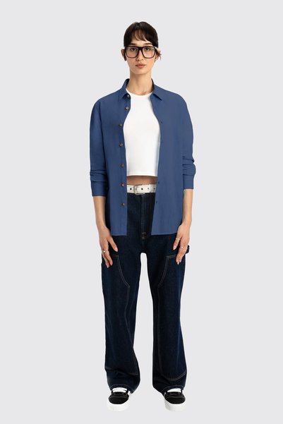 UNIQVIBE Navy Blue Long Sleeve Women's Linen Shirt