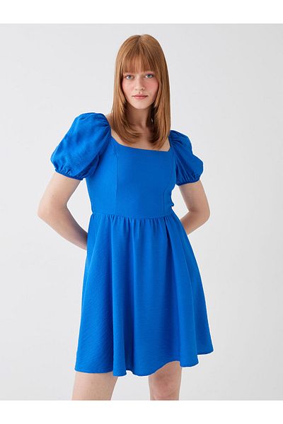LC Waikiki Lcw Square Collar Straight Short Sleeve Linen Look Women's Dress Fast Fashion