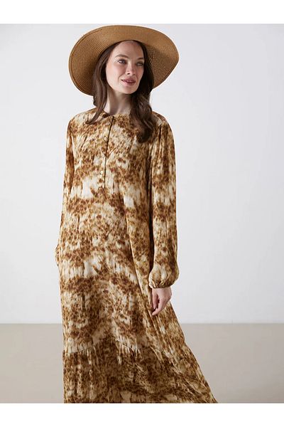 LC Waikiki Lcw Grace Beige Judge Collar Patterned A-Line Dress