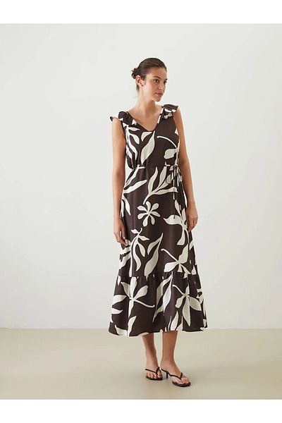 LC Waikiki Lcwaikiki Classic Brown V-Neck Floral Belted Dress