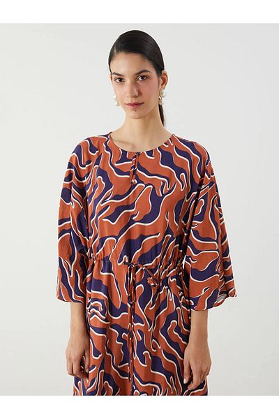 LC Waikiki Lcw Modest Orange Crew Neck Patterned Waist Seated Dress