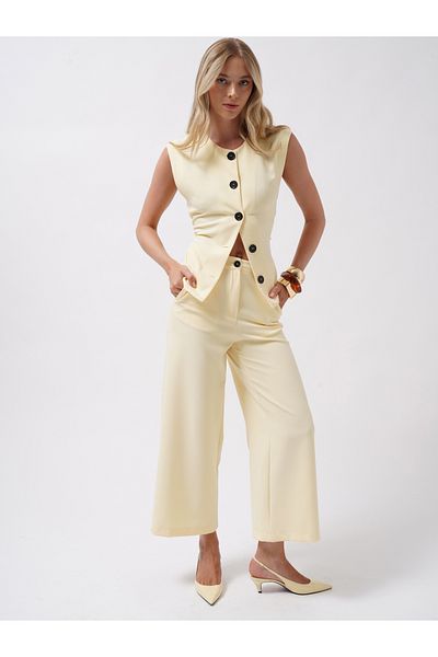 Black Fashion Wide Leg Midi Length Yellow Trousers