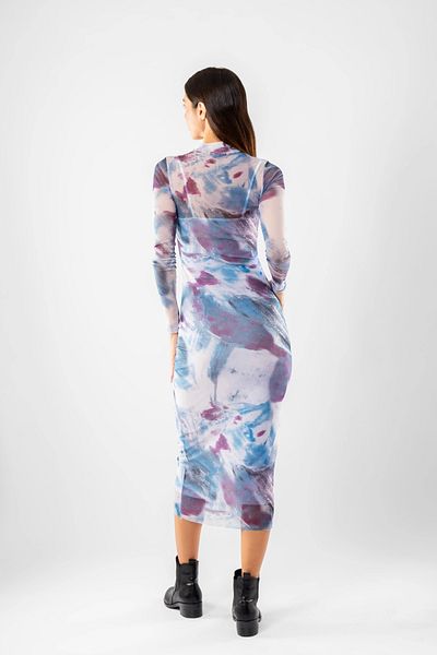 Bak Moda Batik Patterned Long Tulle Blue Dress