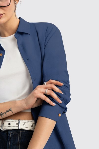UNIQVIBE Navy Blue Long Sleeve Women's Linen Shirt