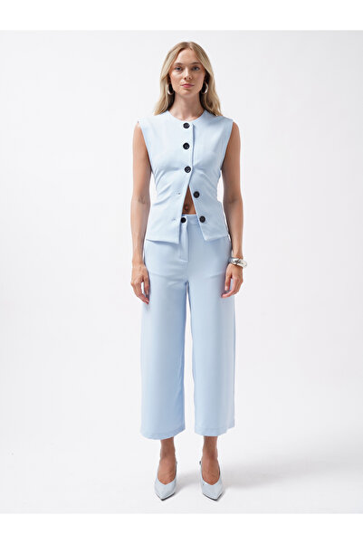 Black Fashion Wide Leg Midi Length Blue Trousers