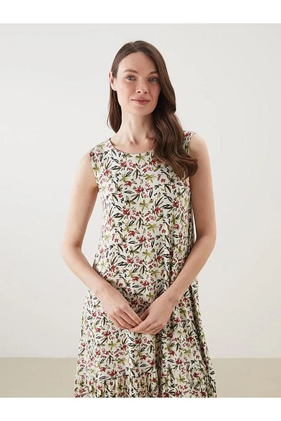 LC Waikiki Lcw Grace Beige Crew Neck Floral A-Line Dress
