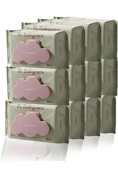 Bc Babycare Babycare Baby Wipes, Pack of 12 x 80 Pieces, Soft Cotton, Alcohol-Free
