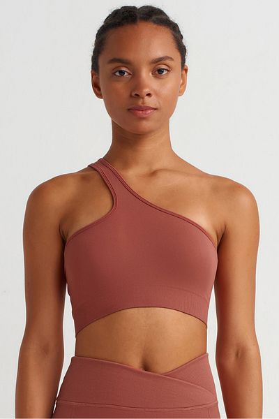 COMEUP One Shoulder Drawstring Back Sports Bra Clay Red