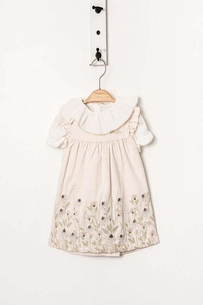 KIPIRIK BABY Baby Girl Beige Floral Embroidered Dress Ruffle Collar Shirt Suit