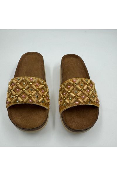 Deniz Terlik Gold Glitter Beaded Women's Soft Daily Slippers