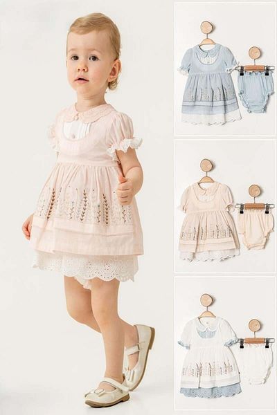 KIPIRIK BABY Baby Girl Blue Floral Embroidered Scalloped Dress Pant Suit