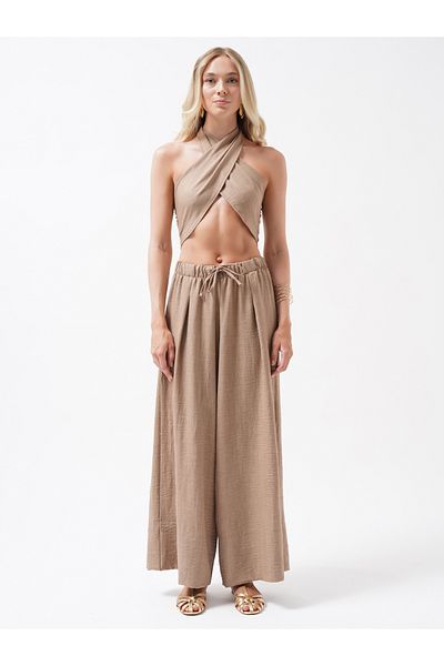 Black Fashion Low Waist Oversize Linen Beige Trousers