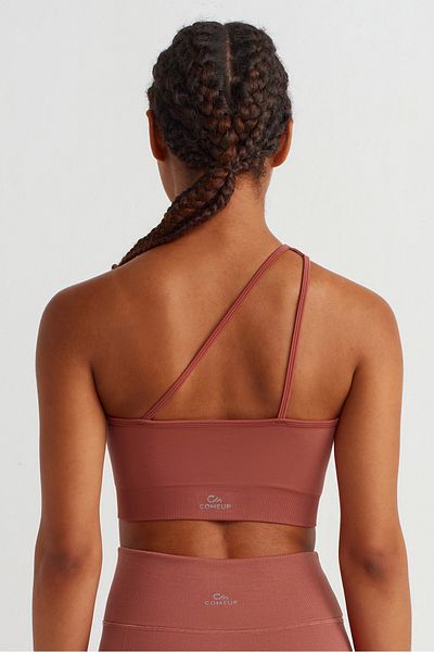 COMEUP One Shoulder Drawstring Back Sports Bra Clay Red
