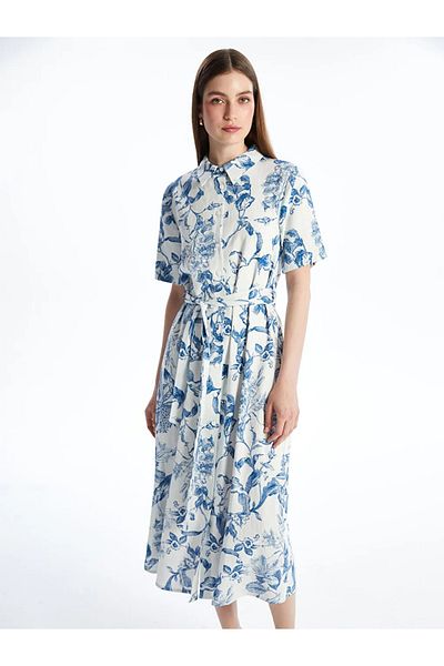 LC Waikiki Lcwaikiki Classic Blue Patterned Linen Blend Shirt Dress