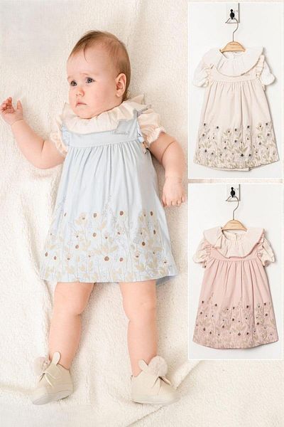 KIPIRIK BABY Baby Girl Beige Floral Embroidered Dress Ruffle Collar Shirt Suit