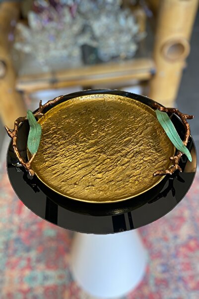 LEMİ DEKORASYON Bronze Decorative Tray with Casting Leaf Detail 40 cm