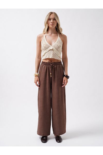 Black Fashion Accessory Detail Linen Dark Brown Trousers