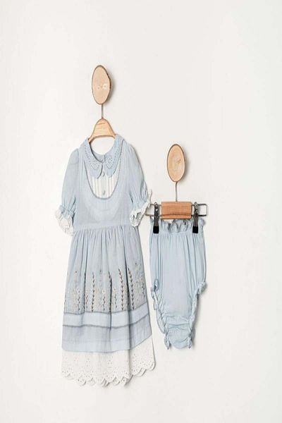 KIPIRIK BABY Baby Girl Blue Floral Embroidered Scalloped Dress Pant Suit
