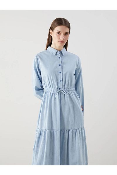 LC Waikiki Lcw Modest Indigo Shirt Collar Waist Sitting Jean Dress